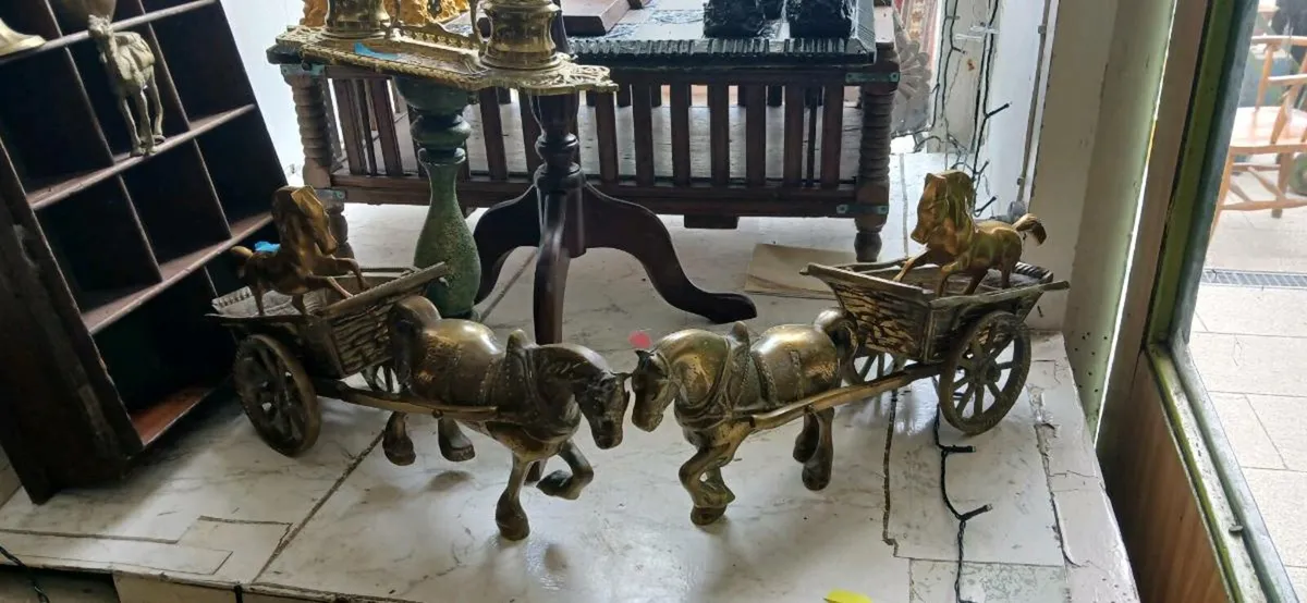 Brass pair of Clysdale horses with cart - Image 1