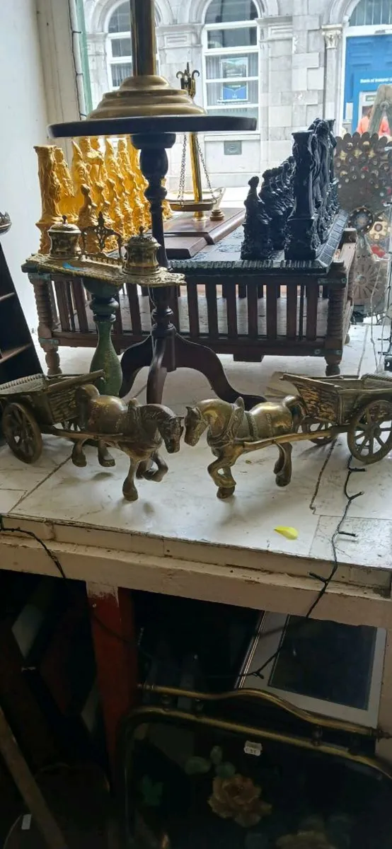 Brass pair of Clysdale horses with cart - Image 2