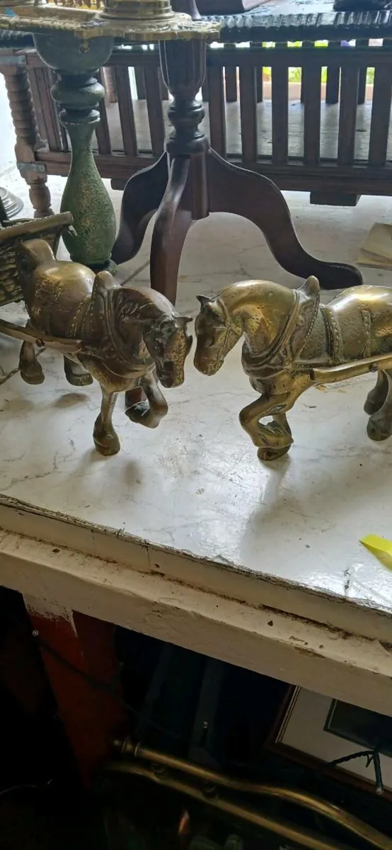 Brass pair of Clysdale horses with cart - Image 3