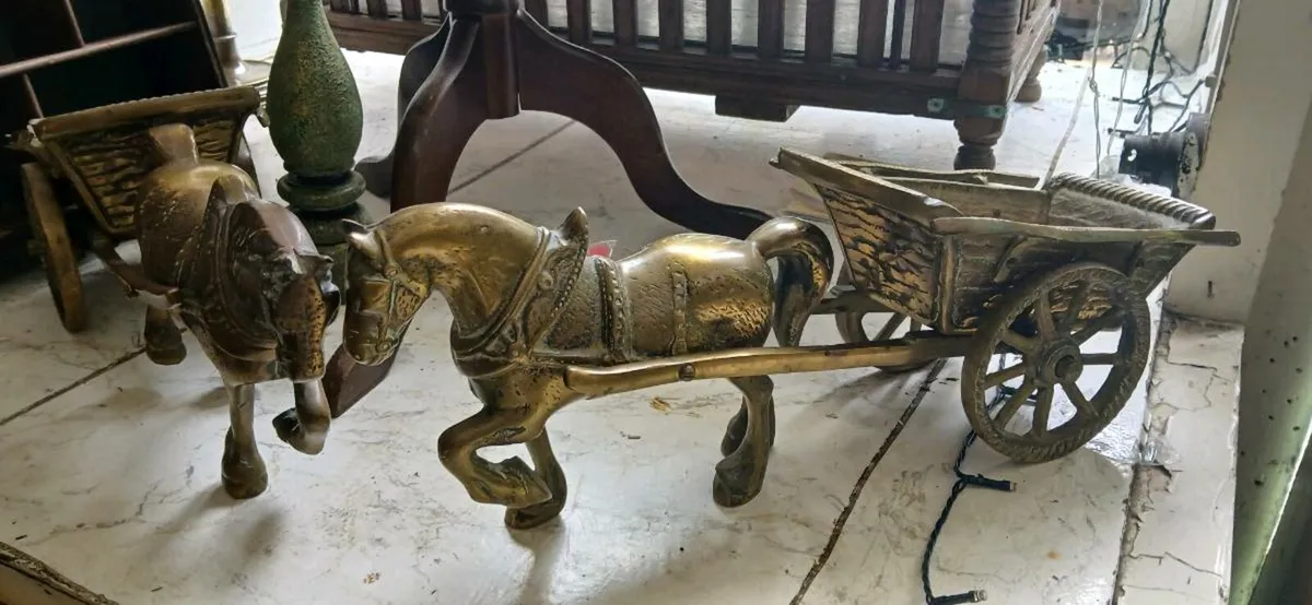 Brass pair of Clysdale horses with cart - Image 4