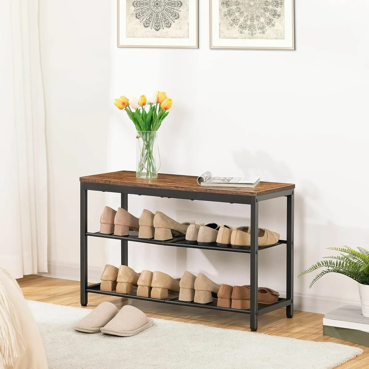 Bench 3-Tier Shoe Rack Storage with Seat Brown - Image 4