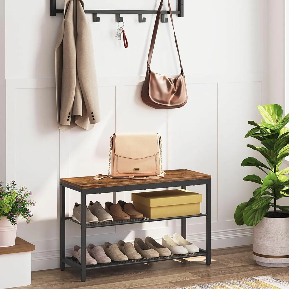Bench, 3-Tier Shoe Rack Storage with Seat Brown - Image 3