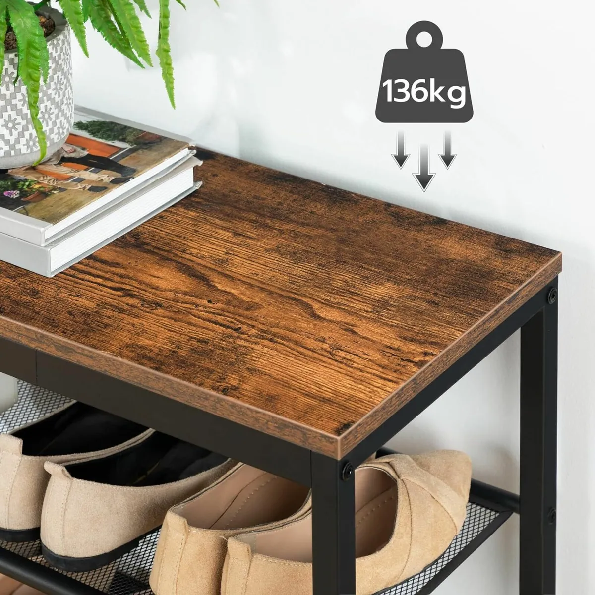 Bench, 3-Tier Shoe Rack Storage with Seat Brown - Image 4