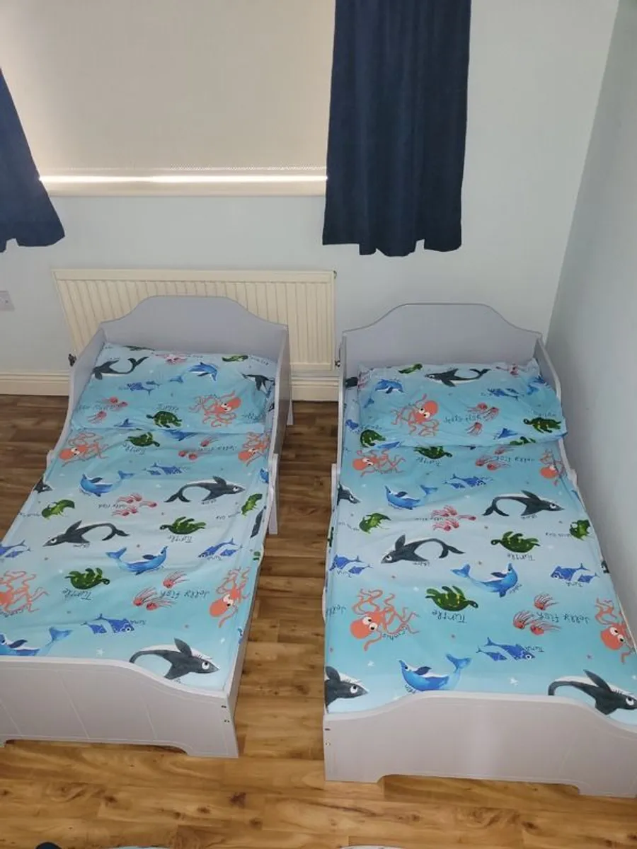 2 Wooden Grey Toddler Beds & accessories. - Image 1