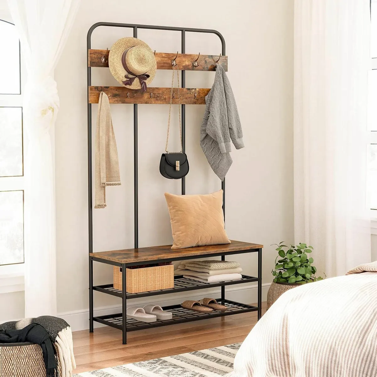 Large Coat Rack Stand 12 Hooks Shoe rack Bench - Image 1