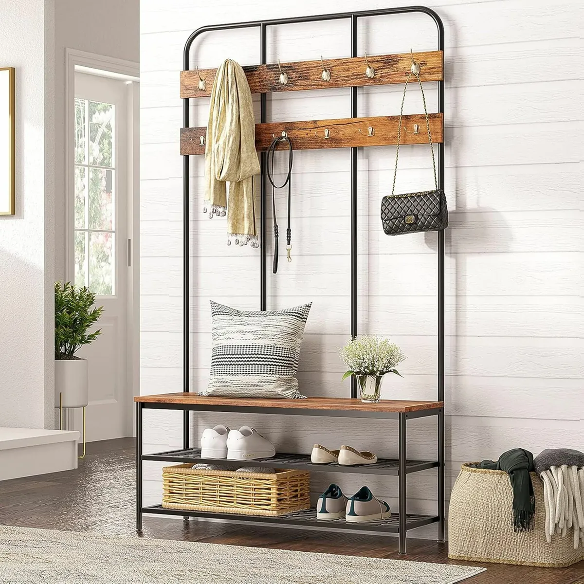 Large Coat Rack Stand 12 Hooks Shoe rack Bench - Image 4