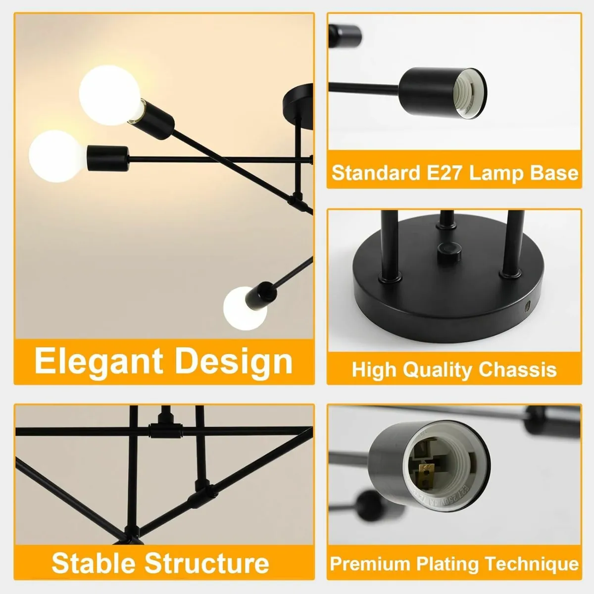 Chandelier Sputnik Ceiling Light, 6 Lights Black - Image 2