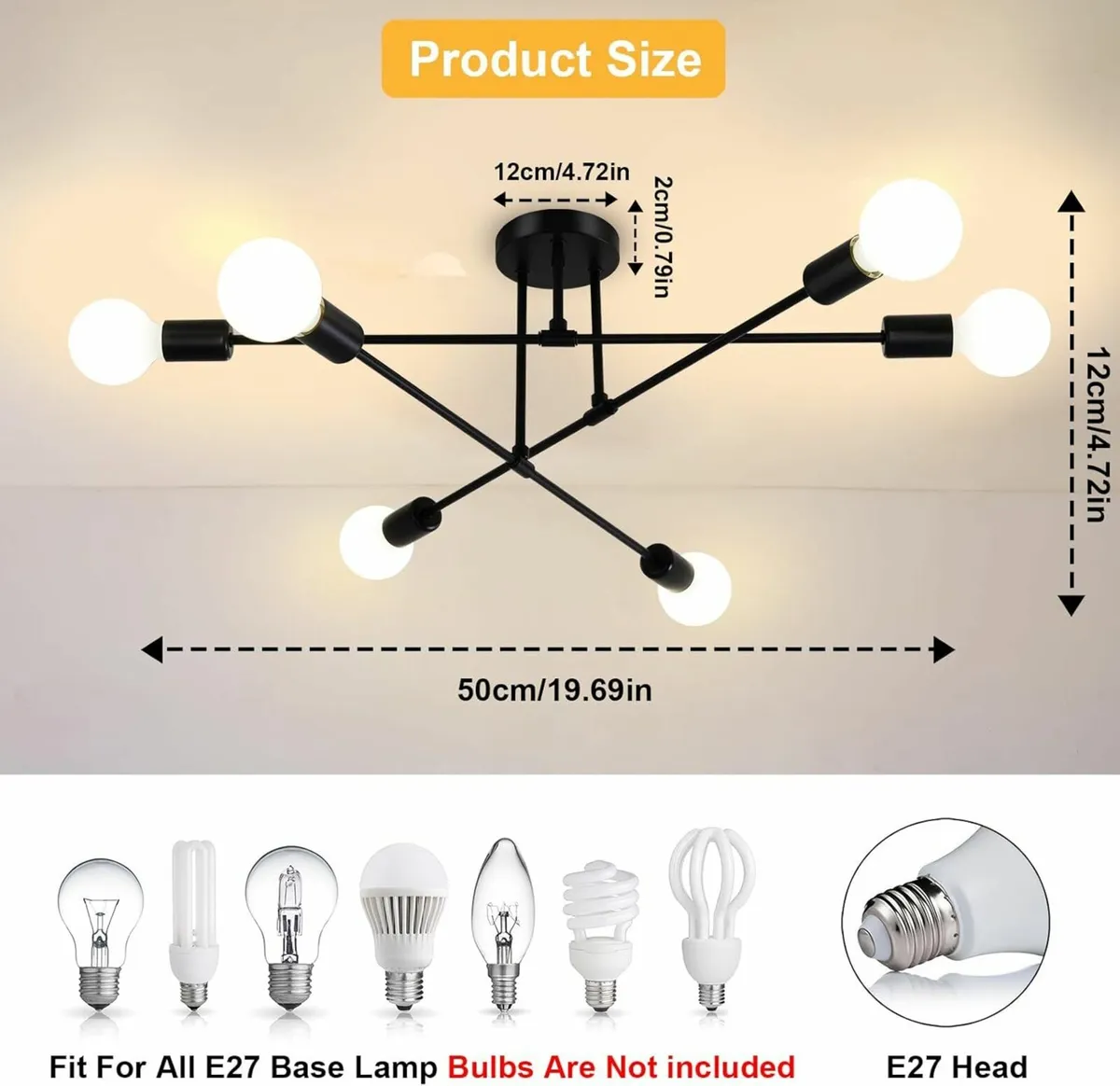 Chandelier Sputnik Ceiling Light, 6 Lights Black - Image 3