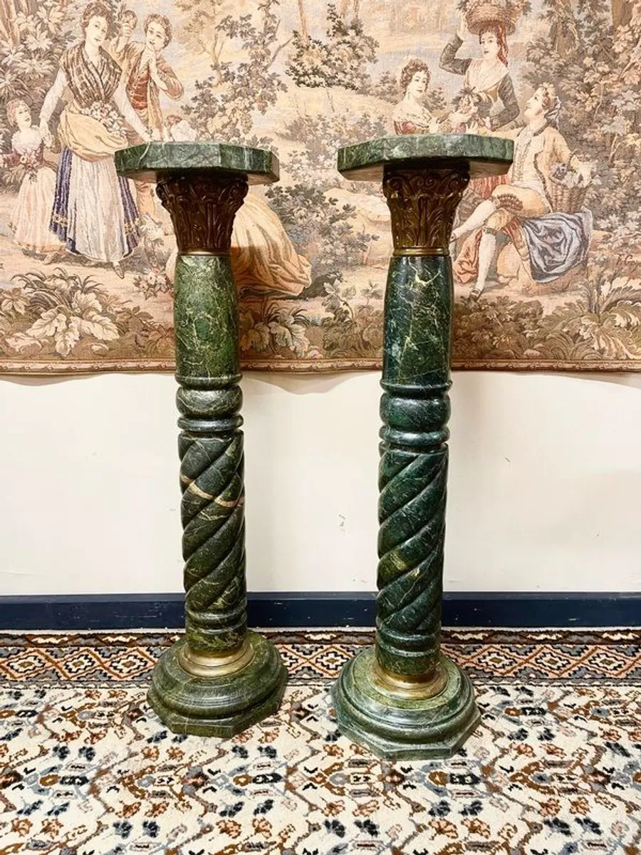 Spectacular Pair of Large Marble Pillars/Columns w. Bronze Decor - Image 1