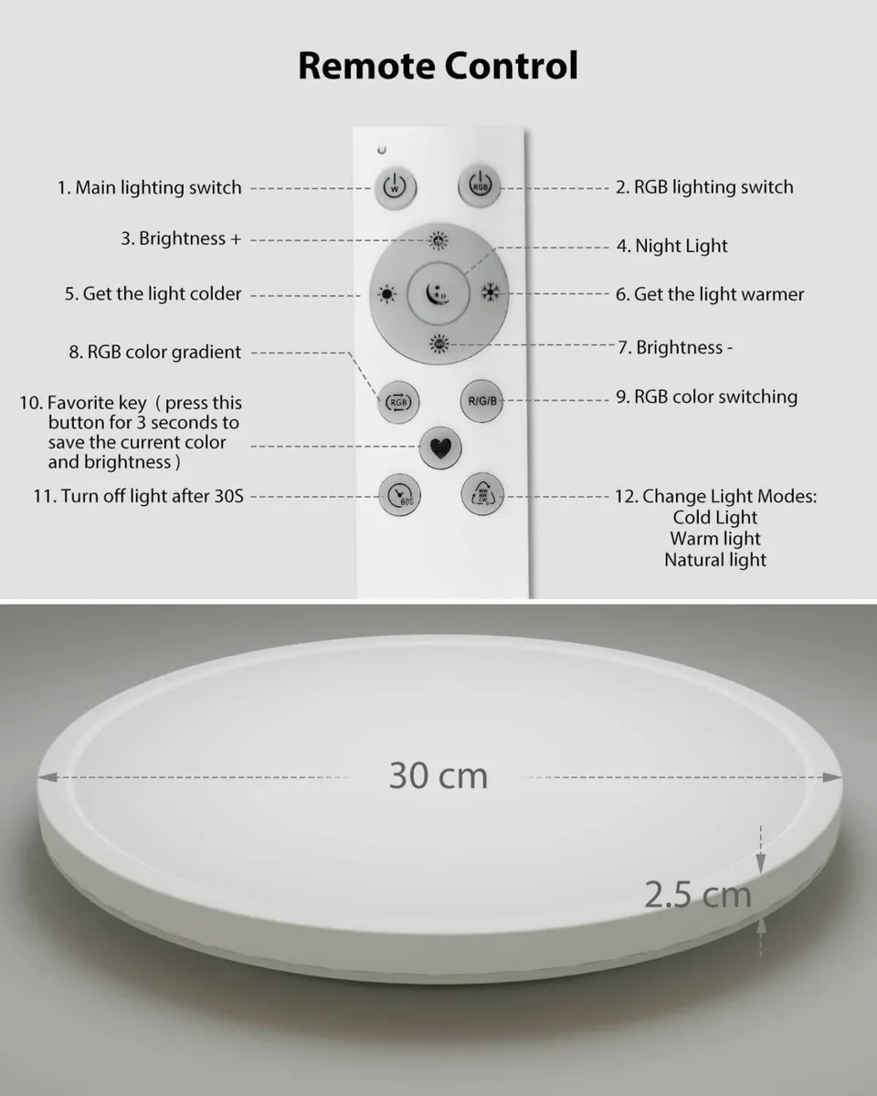 LED Ceiling Light Dimmable, 24W Remote Control - Image 2