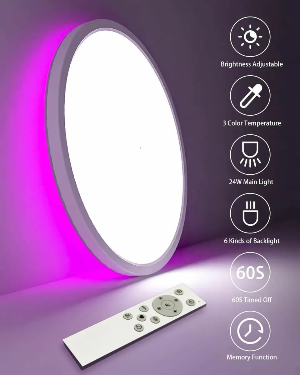 LED Ceiling Light Dimmable, 24W Remote Control - Image 4