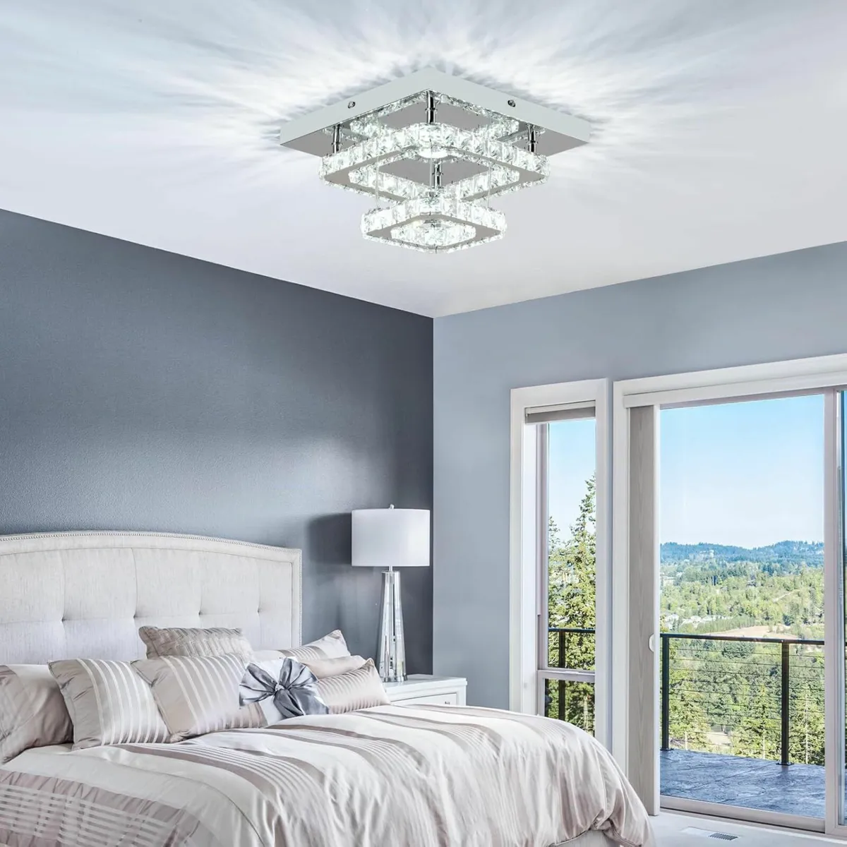 Crystal LED Ceiling Light, Square Chandelier White - Image 3