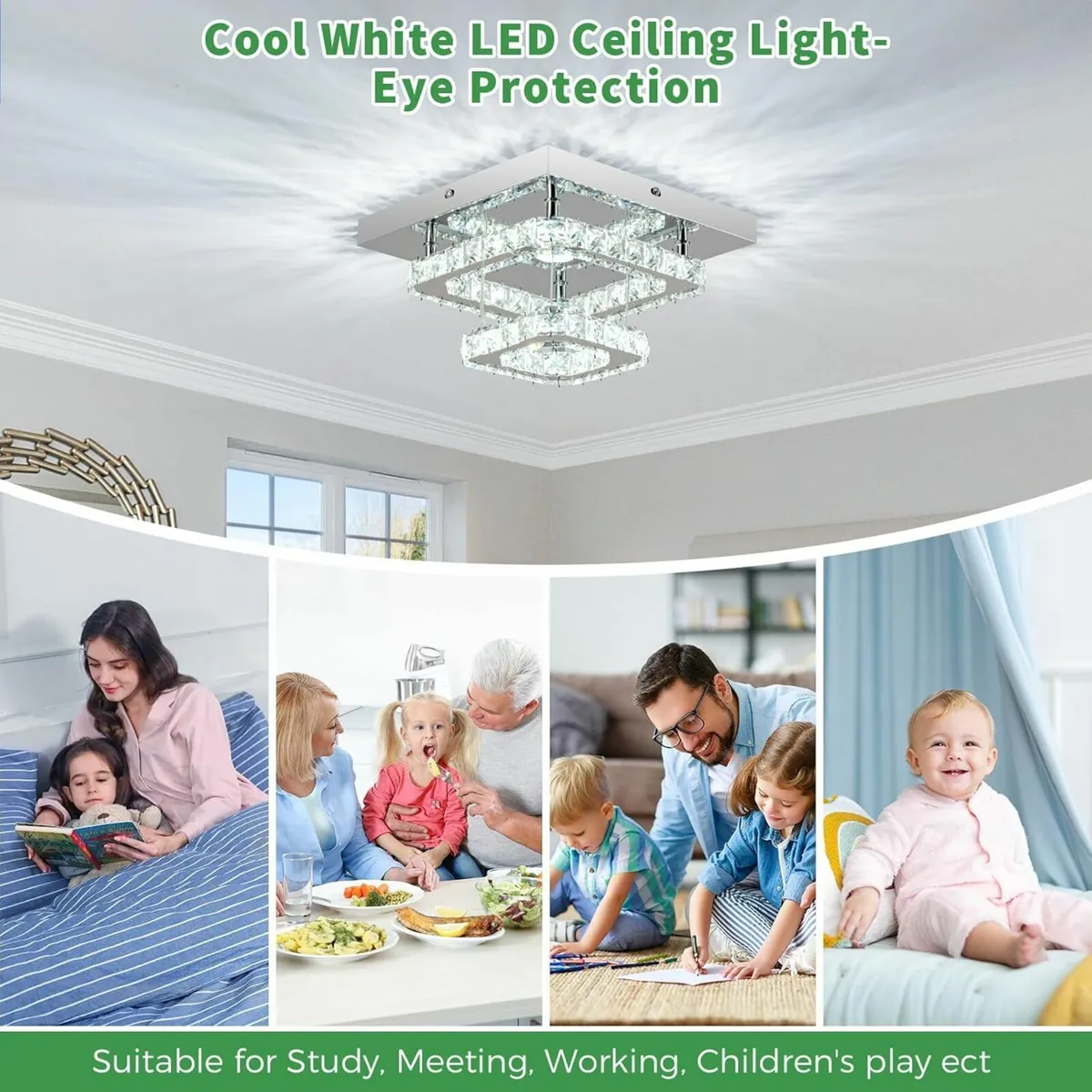 Crystal LED Ceiling Light, Square Chandelier White - Image 4