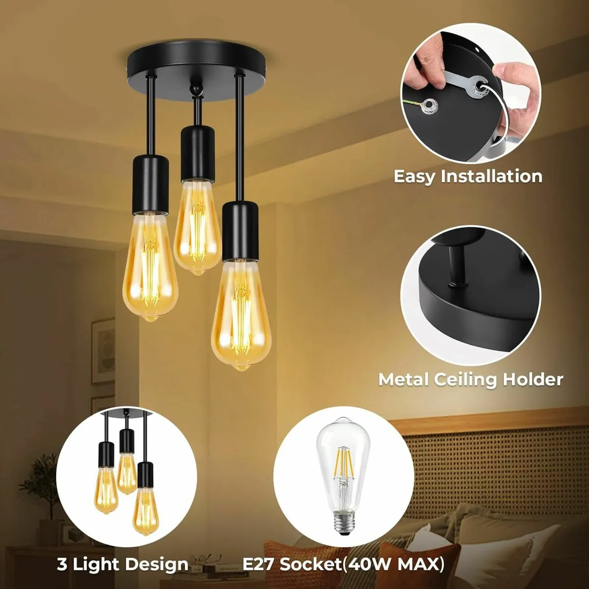 3 Way Ceiling Lights, 3 Bulbs Base Living Room - Image 4