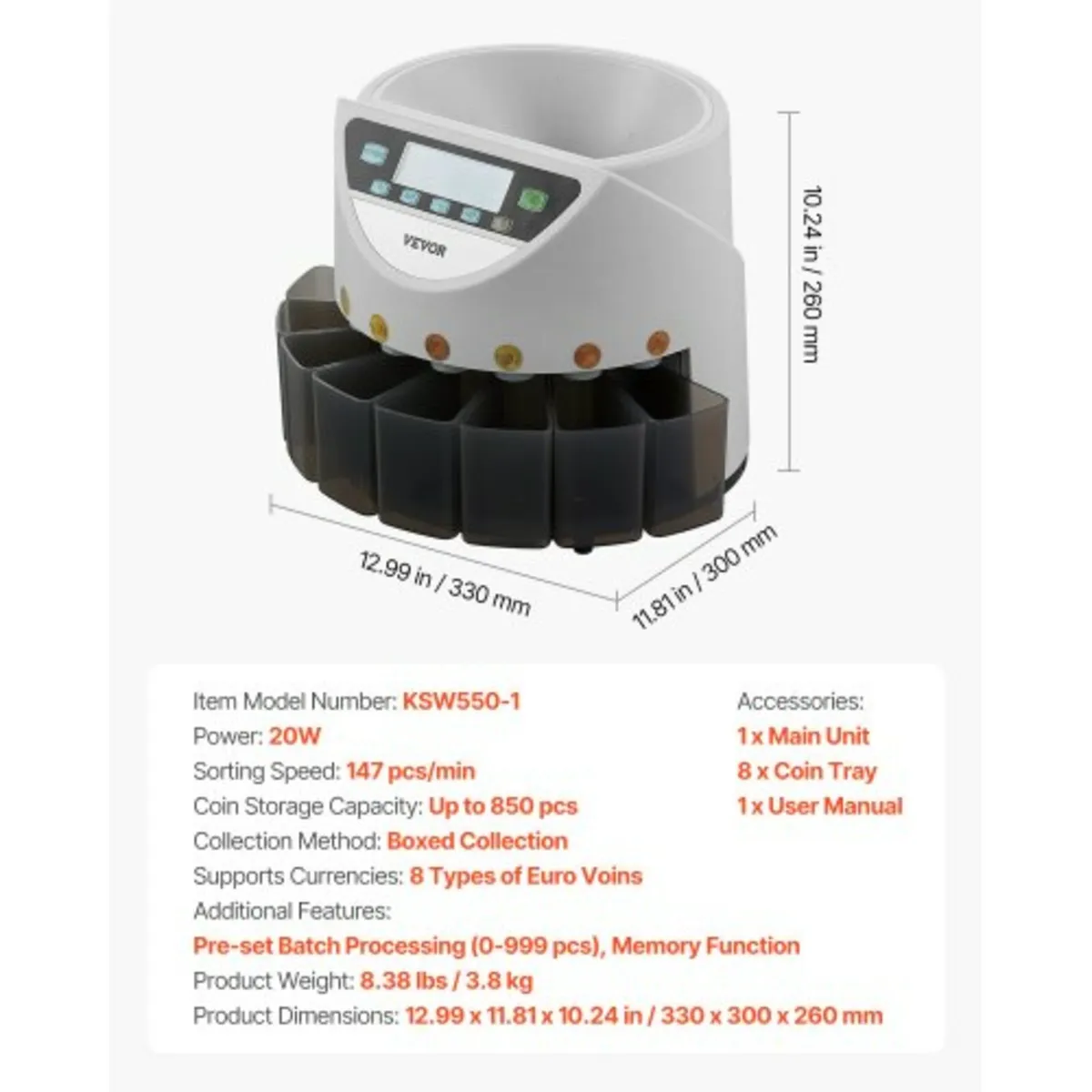 EURO Coin Sorter with Large LCD Display Hold up to - Image 2