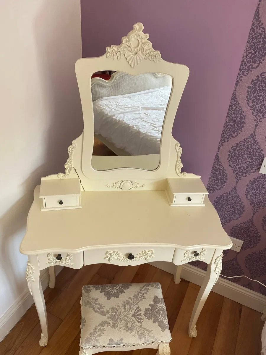 Vanity Table with Mirror, Drawers & Stool - Image 2