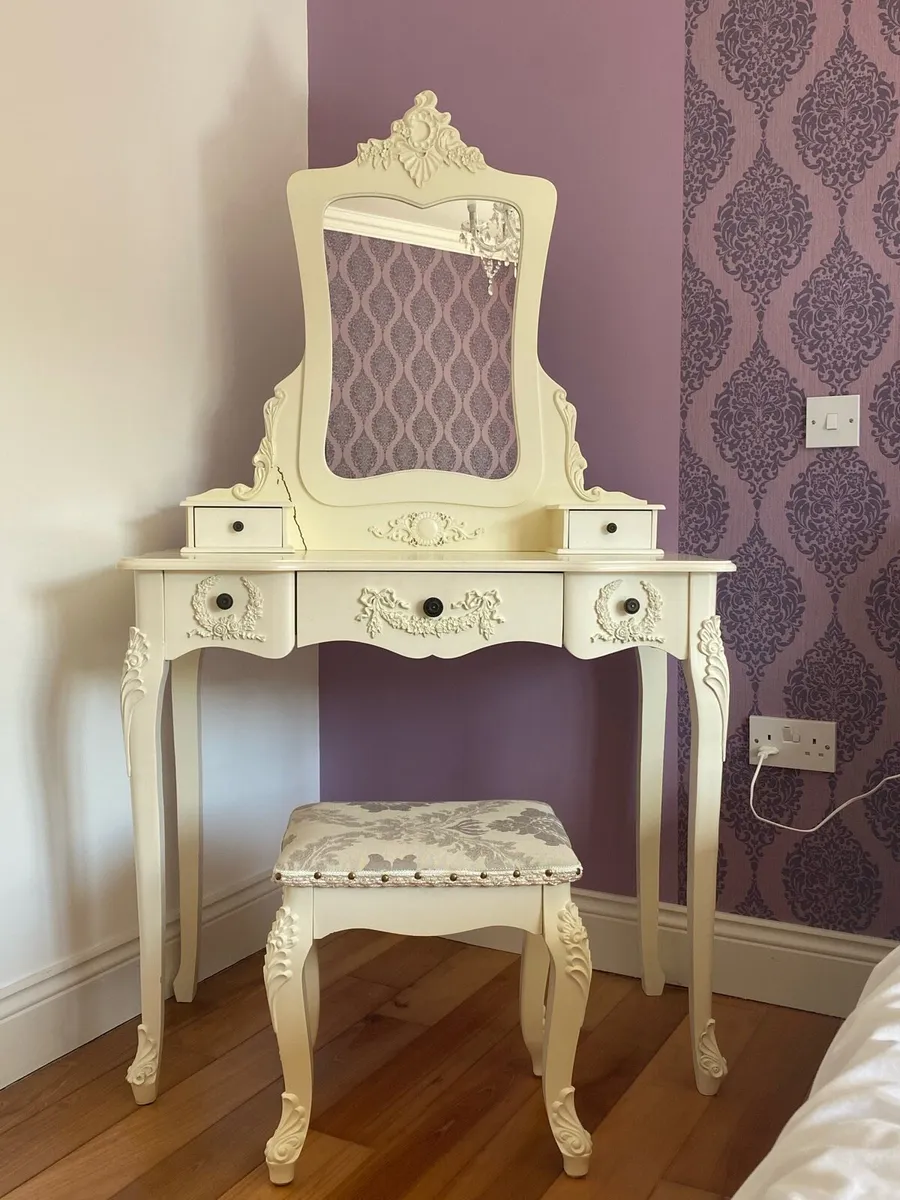 Vanity Table with Mirror, Drawers & Stool - Image 1