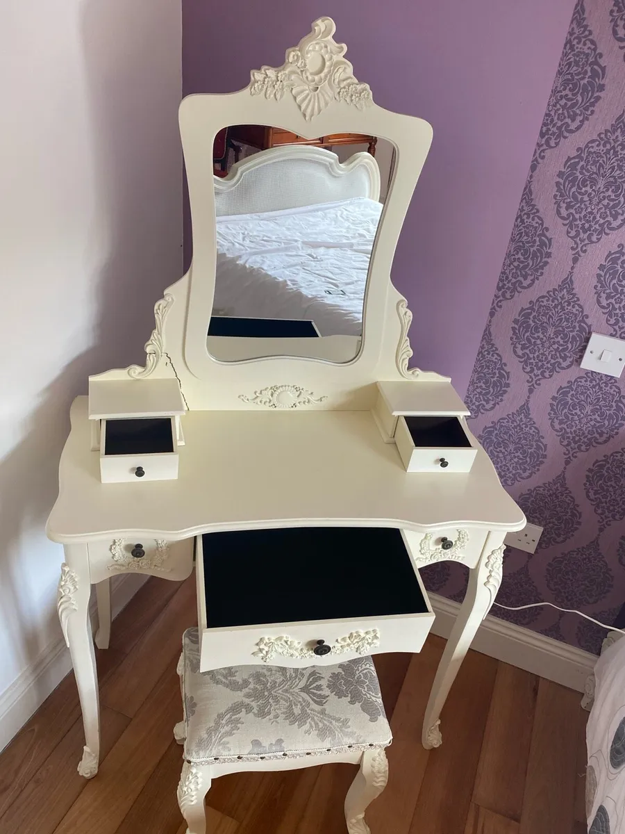 Vanity Table with Mirror, Drawers & Stool - Image 3