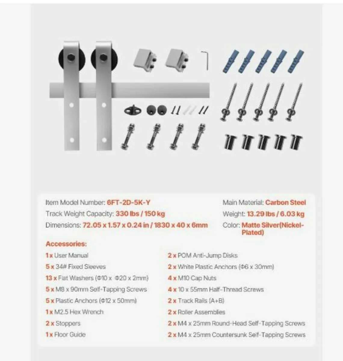 6FT Sliding Barn Door Hardware Kit - Image 4