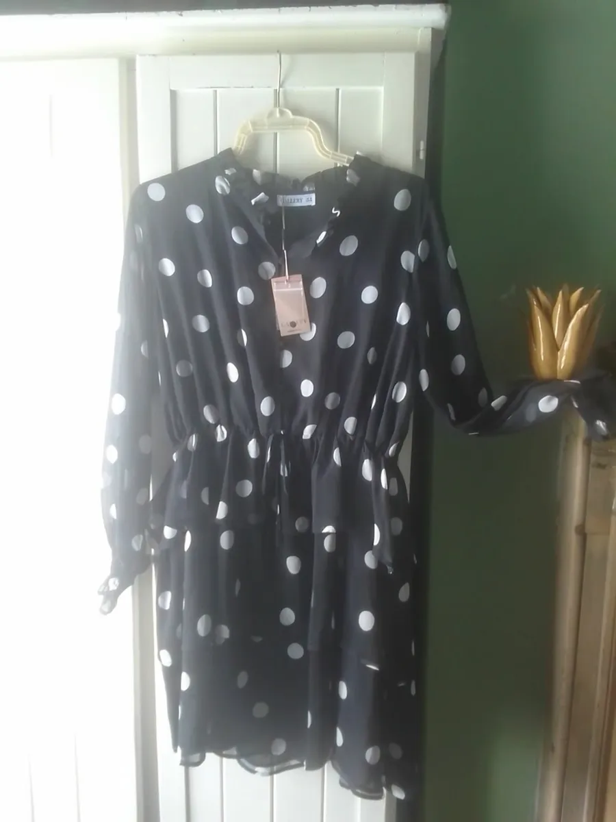 BLACK &WHITE POLKA DOT CHIFFON DRESS 14 NEW - Image 1