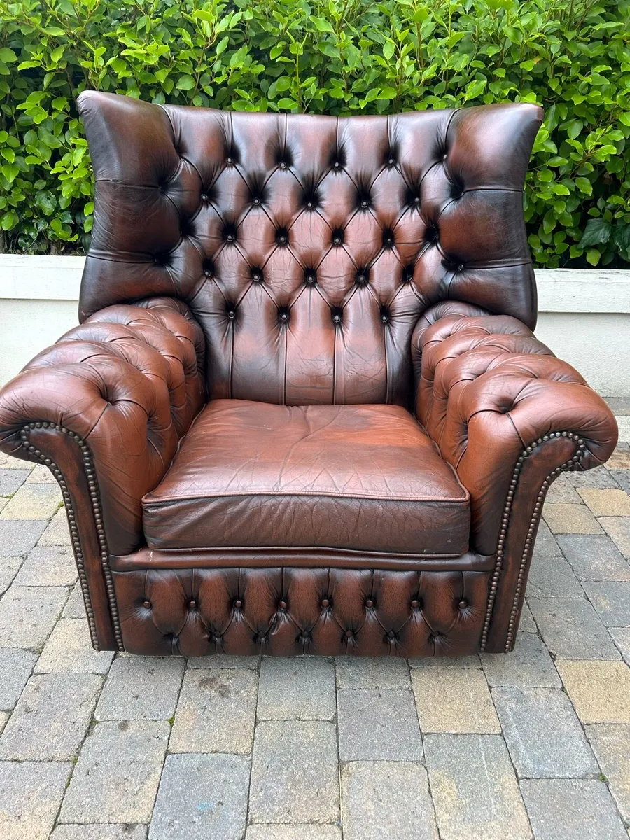 Antique real leather chestnut chesterfield chair - Image 2