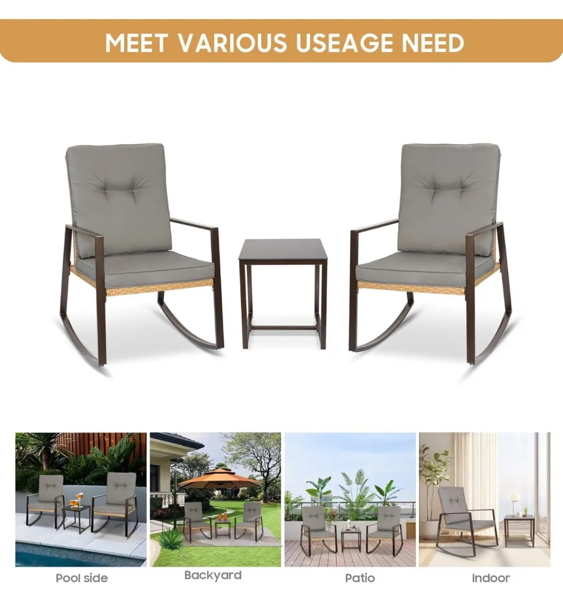 3 Piece Bistro Set Outdoor Patio Rocking Wicker Ch - Image 4