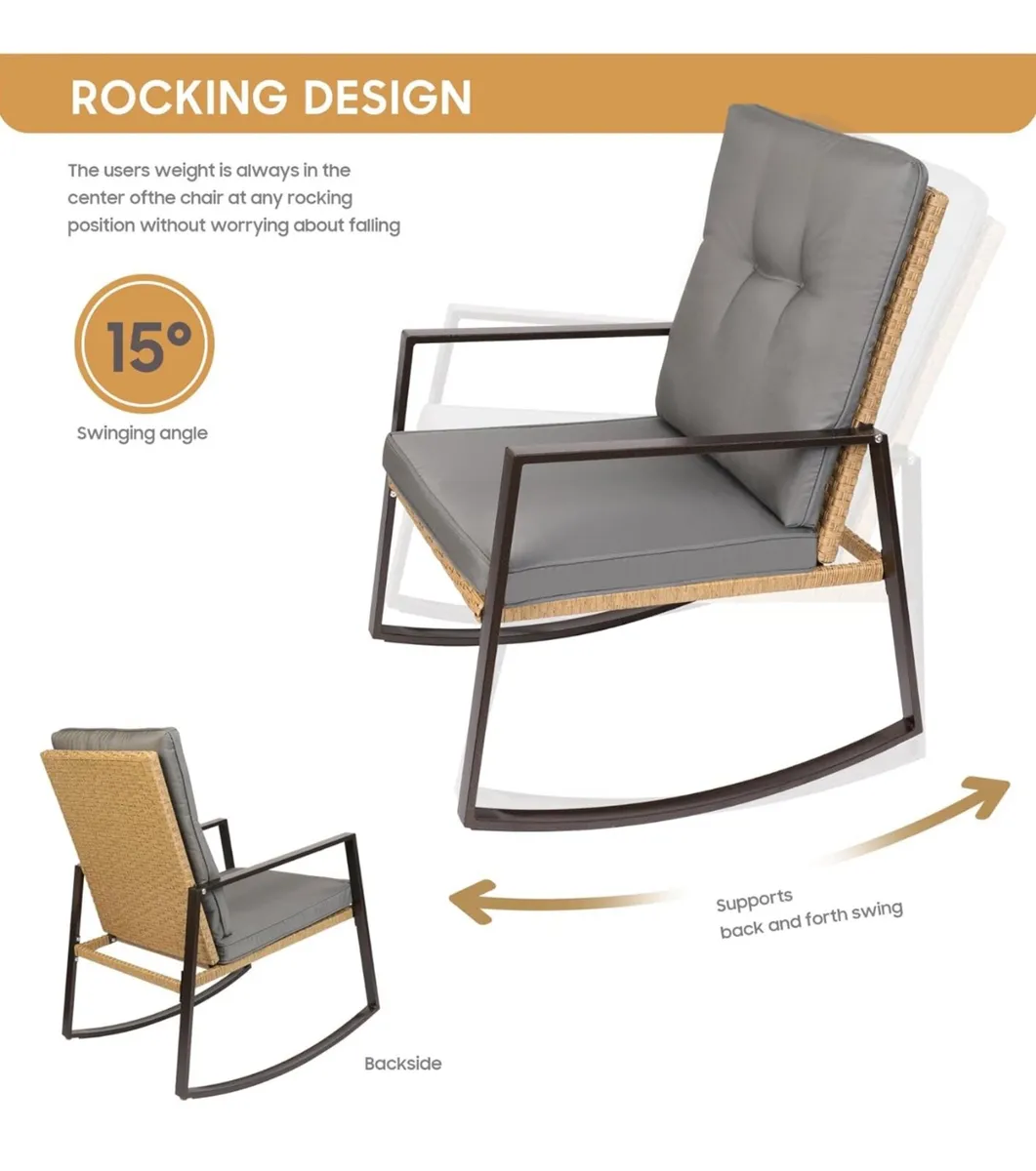 3 Piece Bistro Set Outdoor Patio Rocking Wicker Ch - Image 4