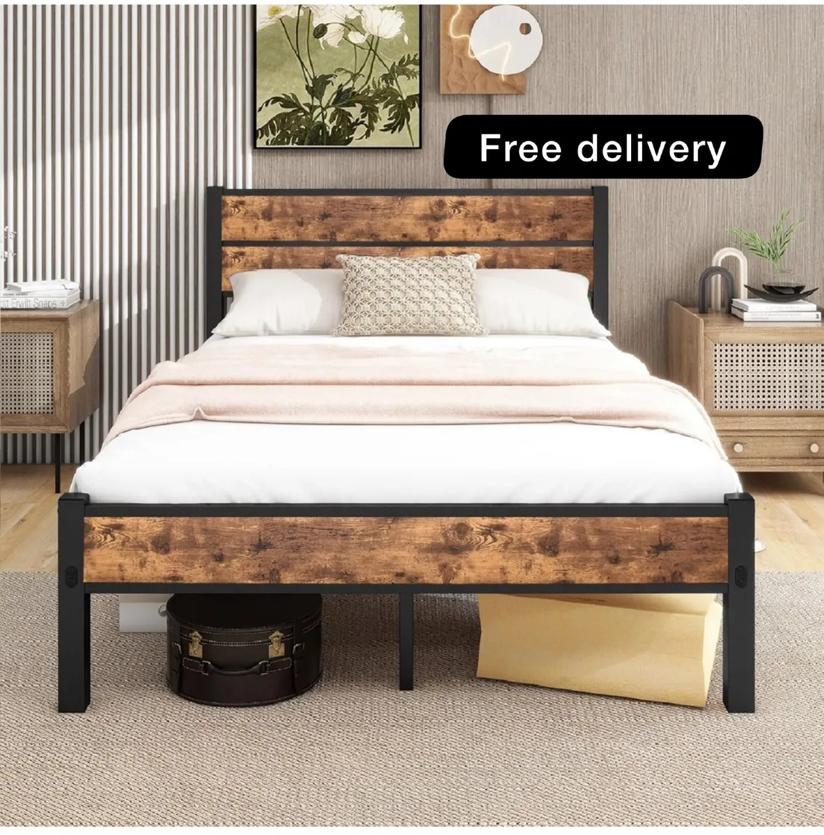 Double Bed Frame with Wooden Headboard and Footboa - Image 1