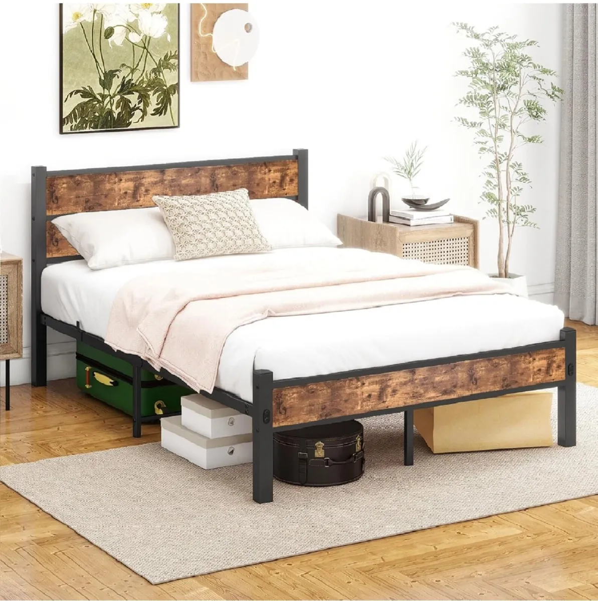 Double Bed Frame with Wooden Headboard and Footboa - Image 3