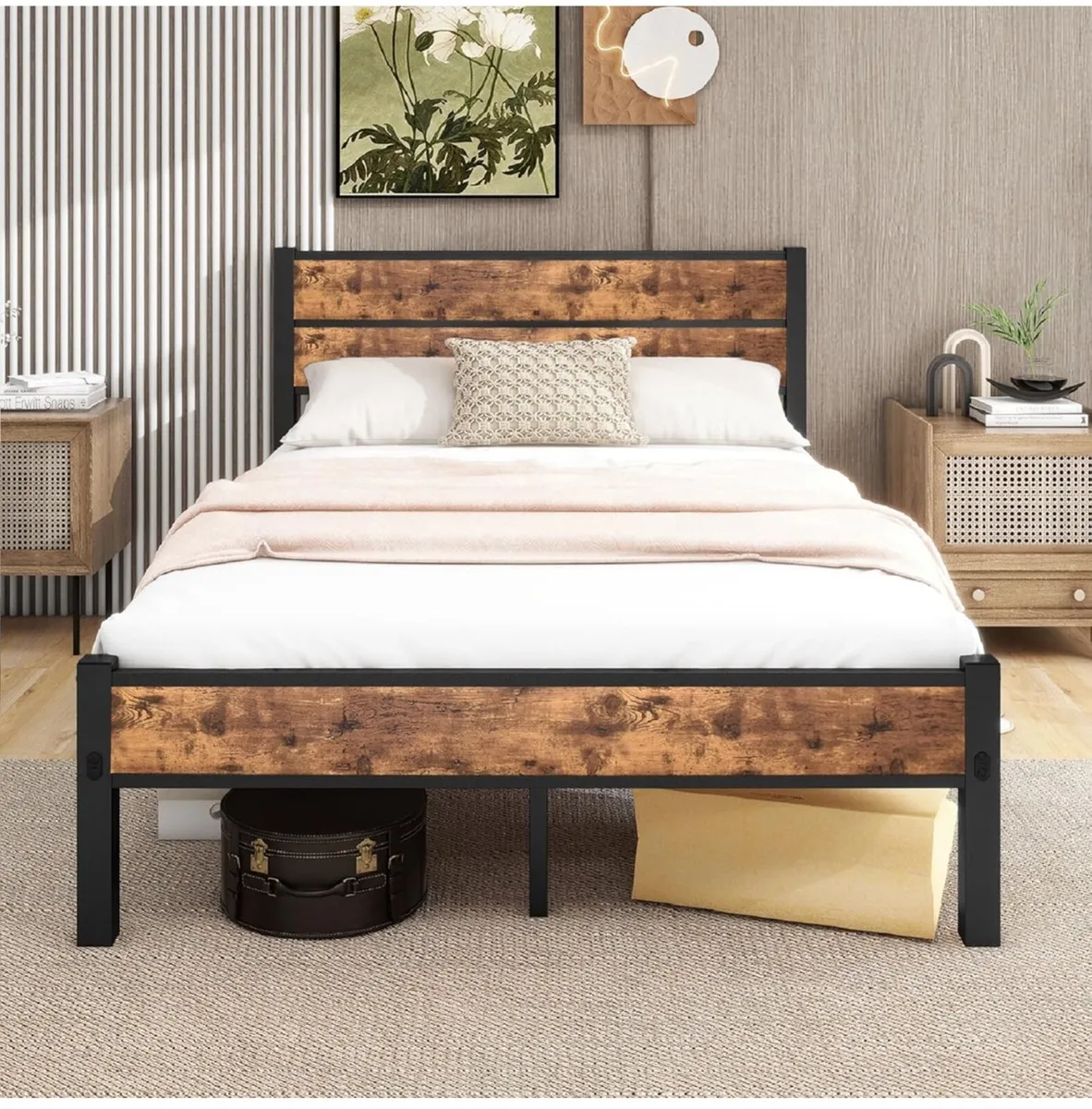 Double Bed Frame with Wooden Headboard and Footboa - Image 1