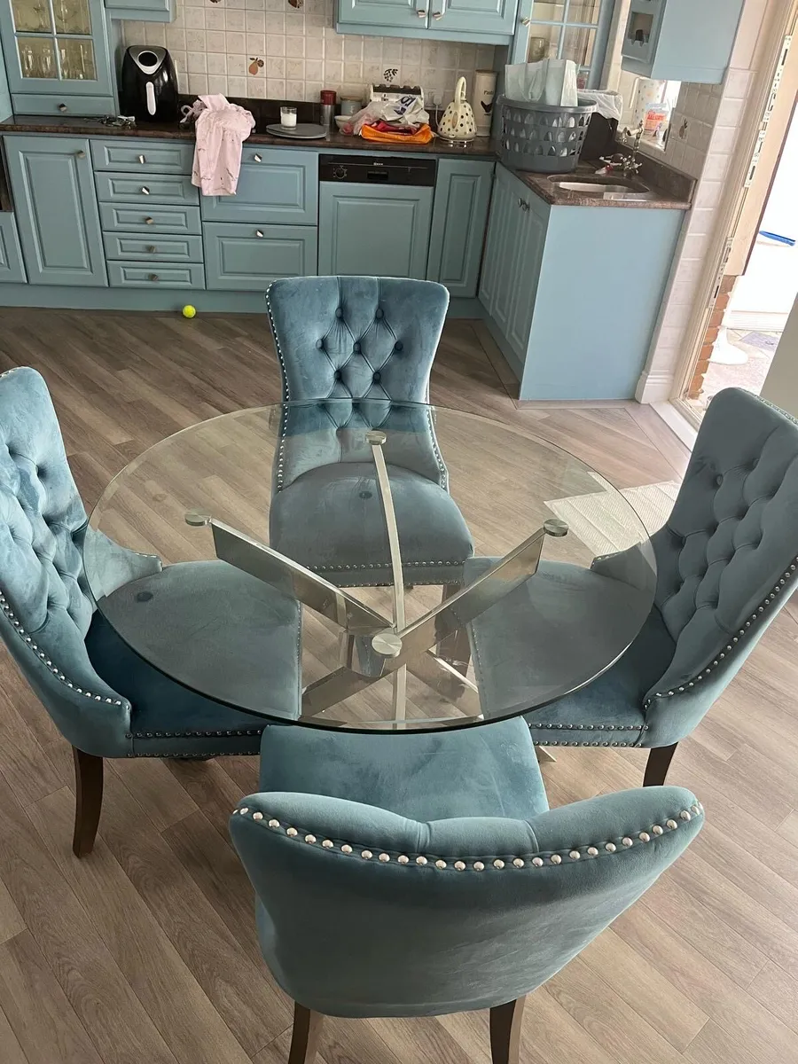 Glass Kitchen Table and 2 sets of blue chairs - Image 2