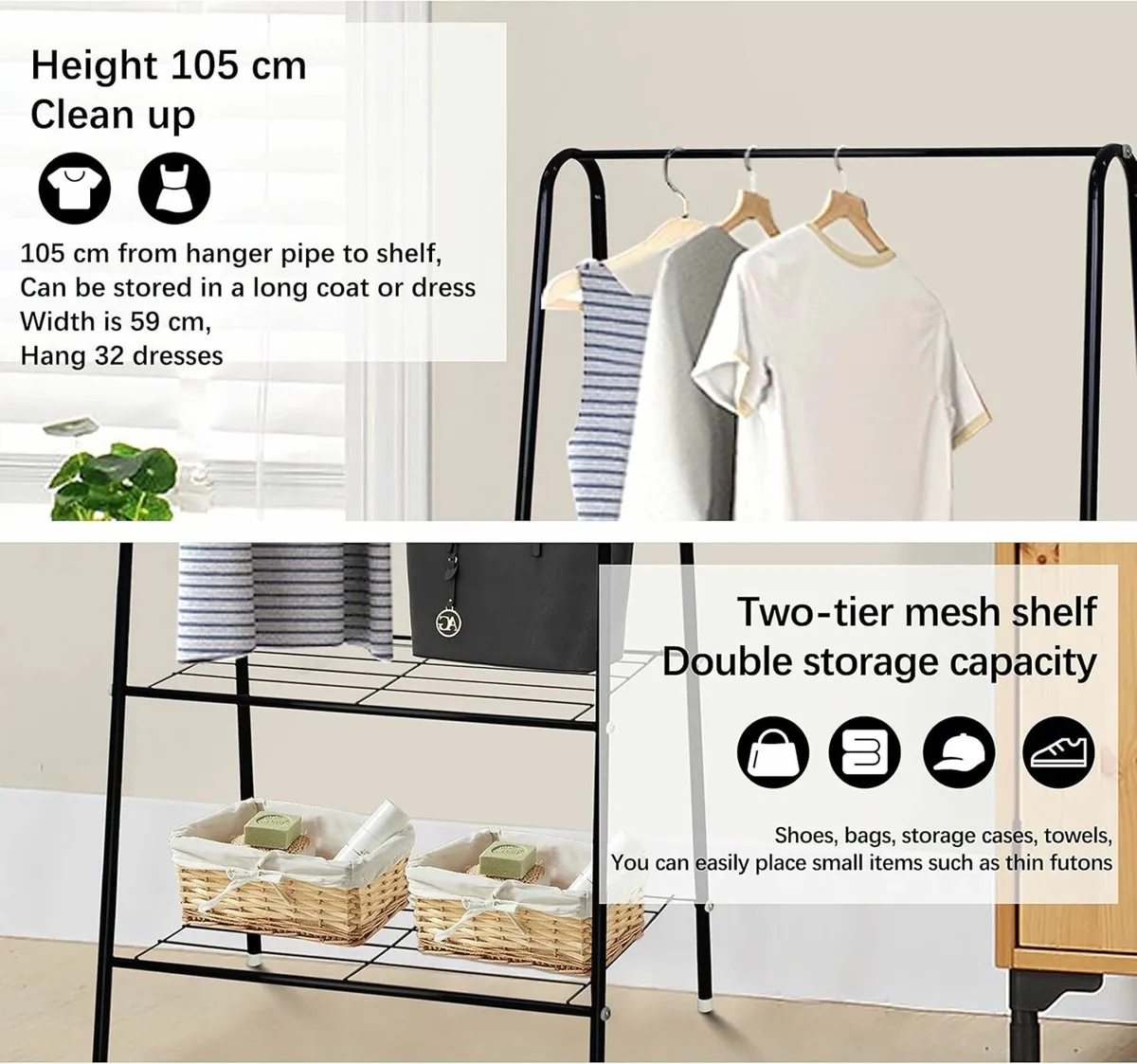 Clothes Rail Stand Garment Coat Rack 150cm Black - Image 3