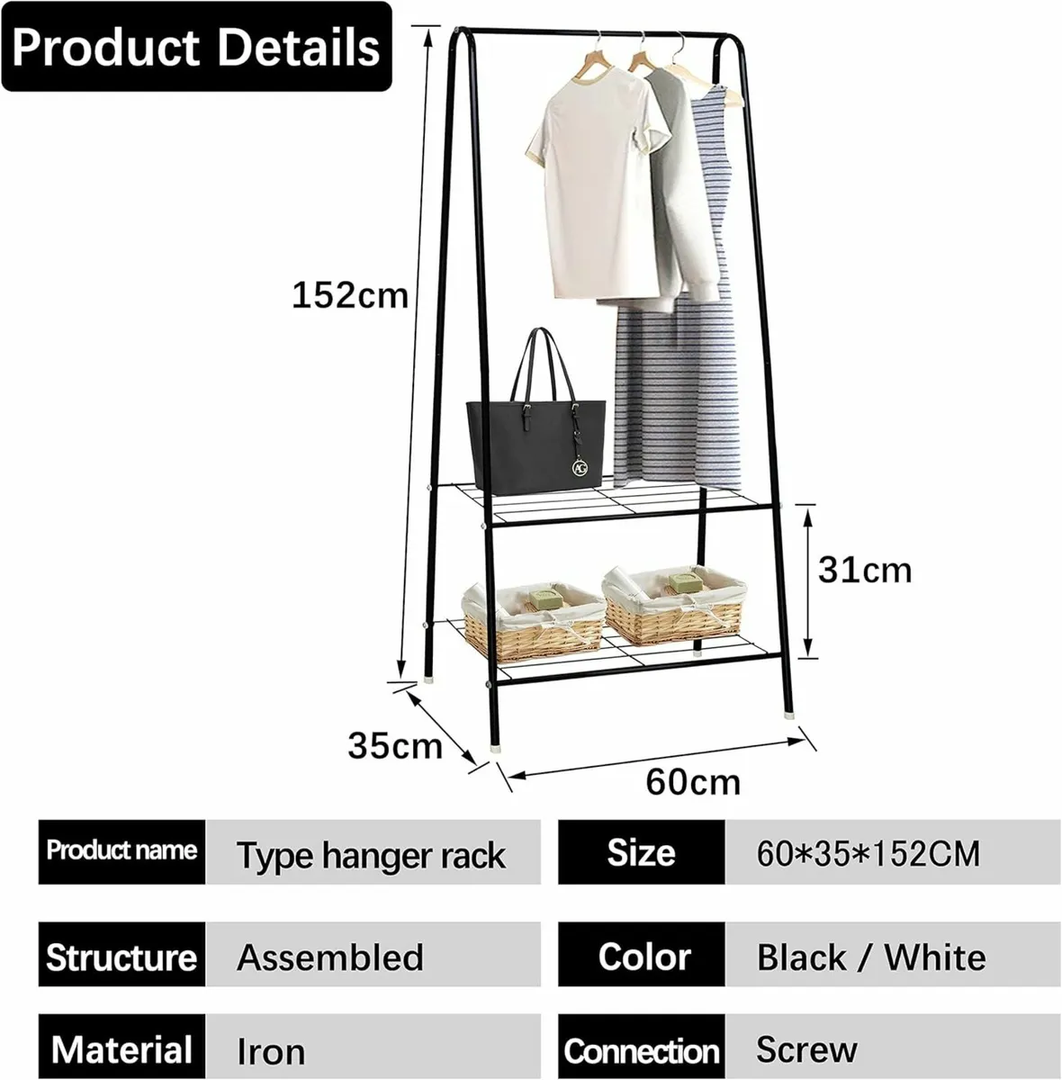 Clothes Rail Stand Garment Coat Rack 150cm Black - Image 4