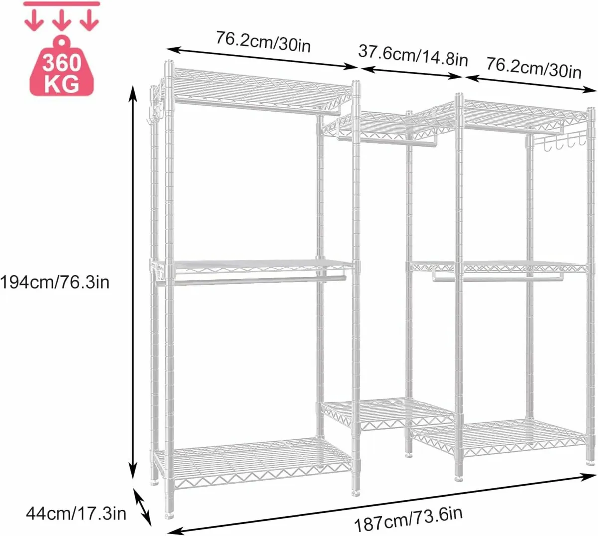 Clothes Rail Heavy Duty Closet Wardrobe White - Image 2