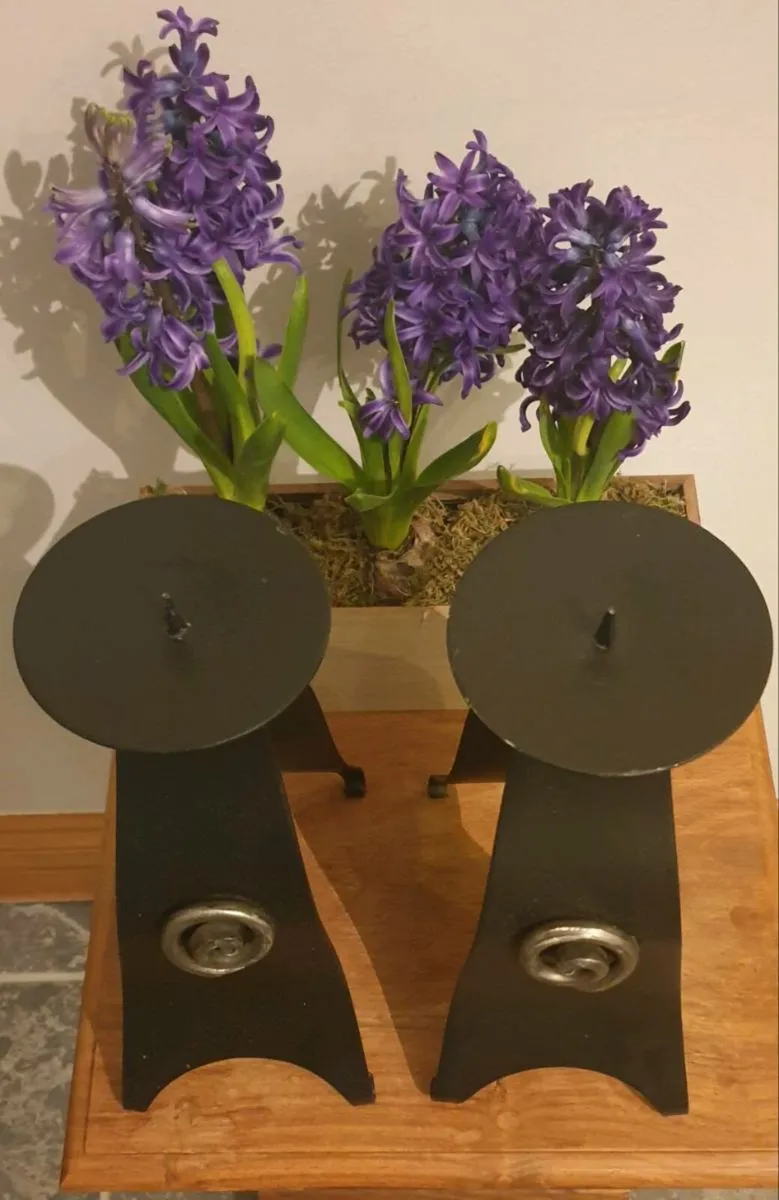 Pair of Tall Metal Candle Holders - Image 2