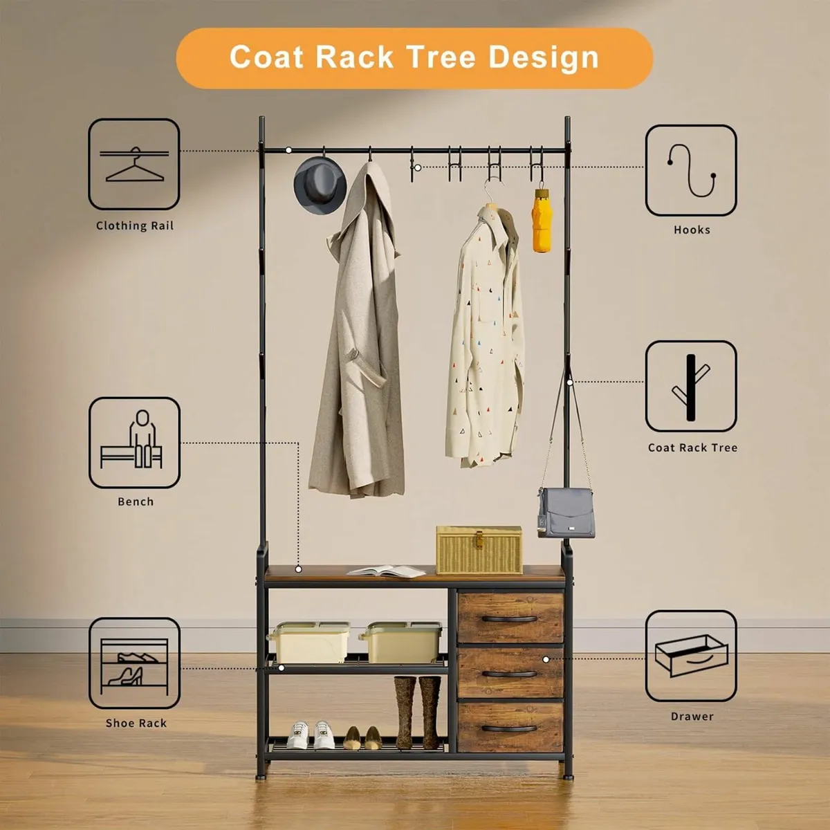Hallway Coat Rack Drawer Storage Shoe Bench - Image 4