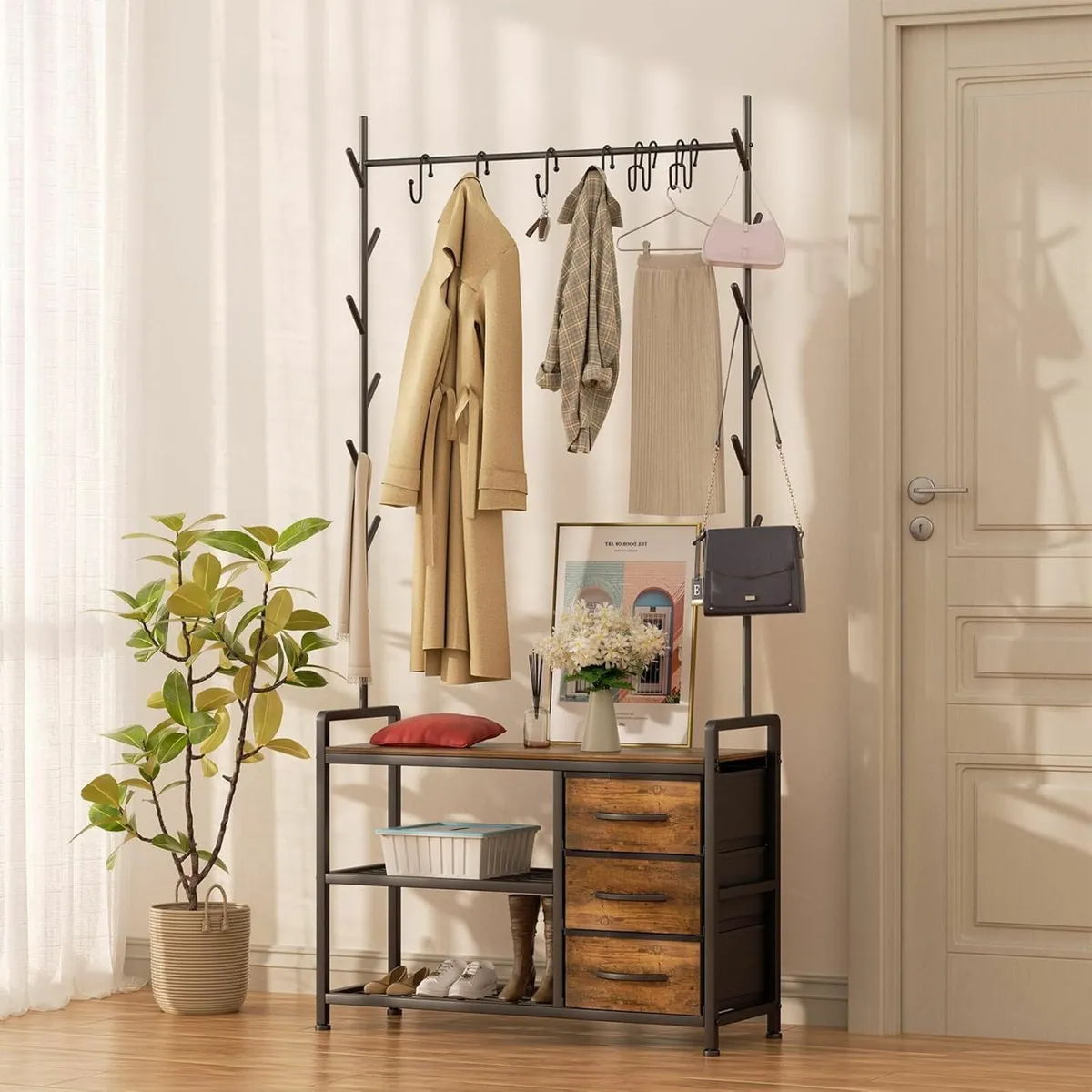 Hallway Coat Rack Drawer Storage Shoe Bench - Image 1