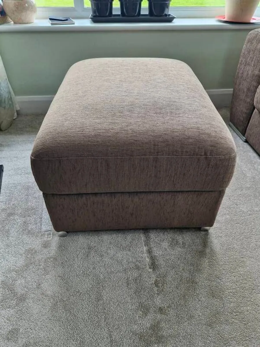 LShaped sofa with pouffe round table four stools - Image 3