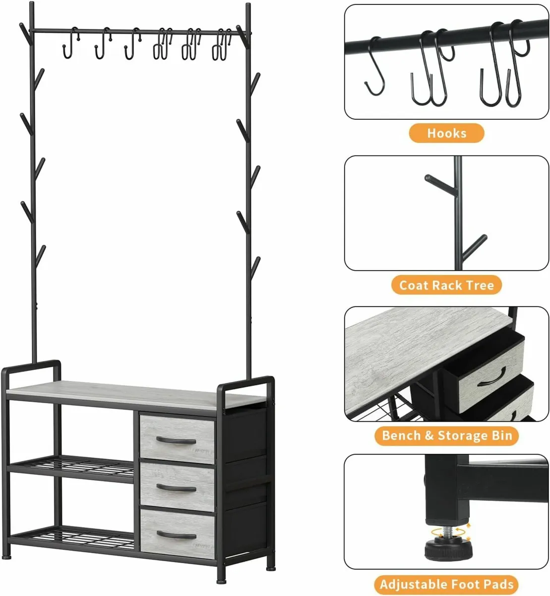 Hallway Coat Rack Drawer Storage Shoe Bench - Image 4