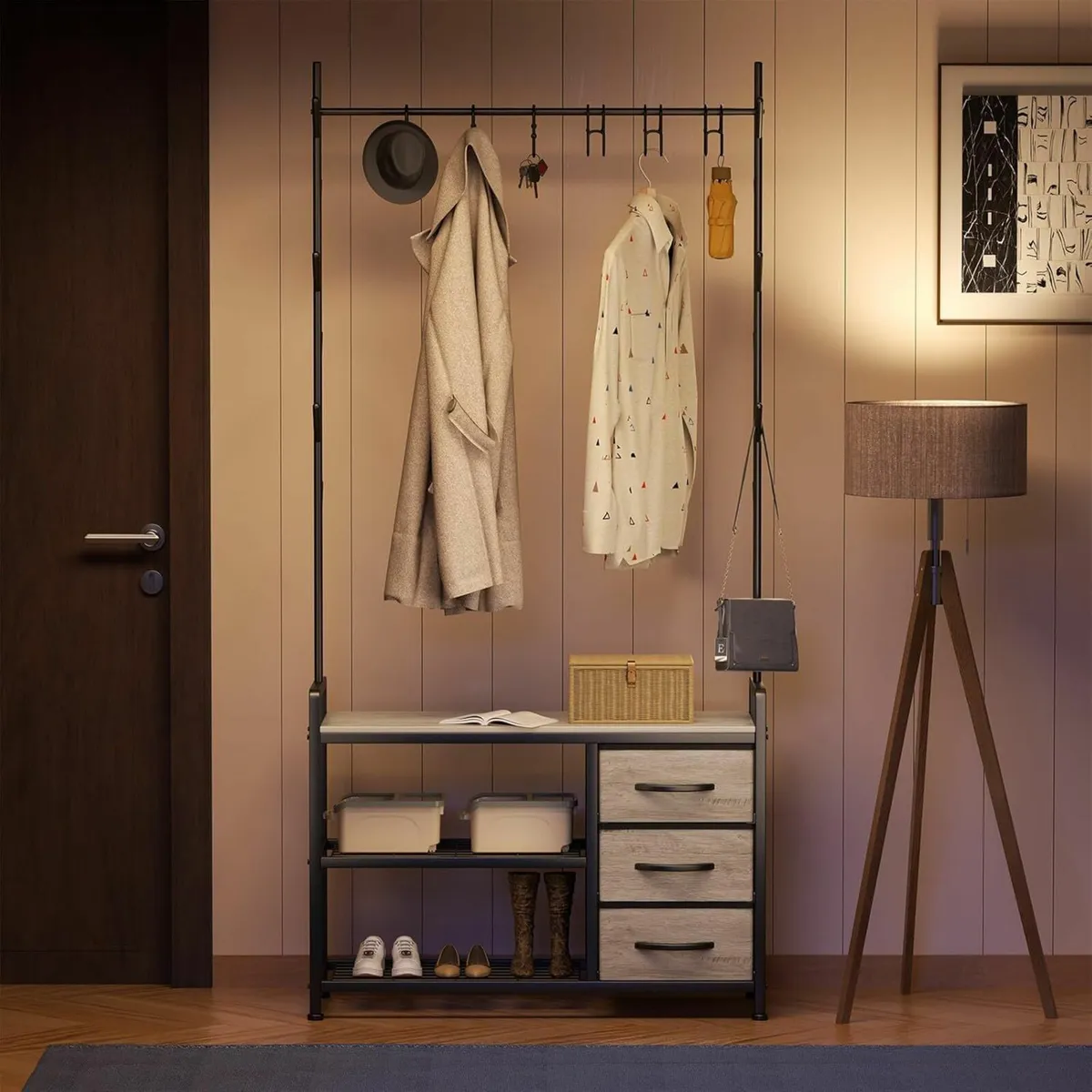 Hallway Coat Rack Drawer Storage Shoe Bench - Image 1