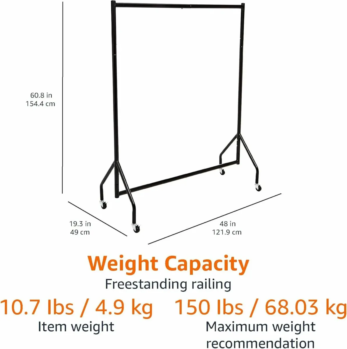 Heavy Duty Clothes Rail Garment Rail 1.21 m, Black - Image 2