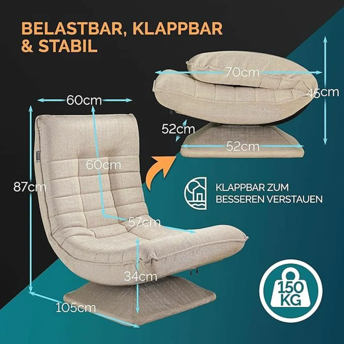 Floor Chair Adjustable Backrest 360° Rotatable Fol - Image 3
