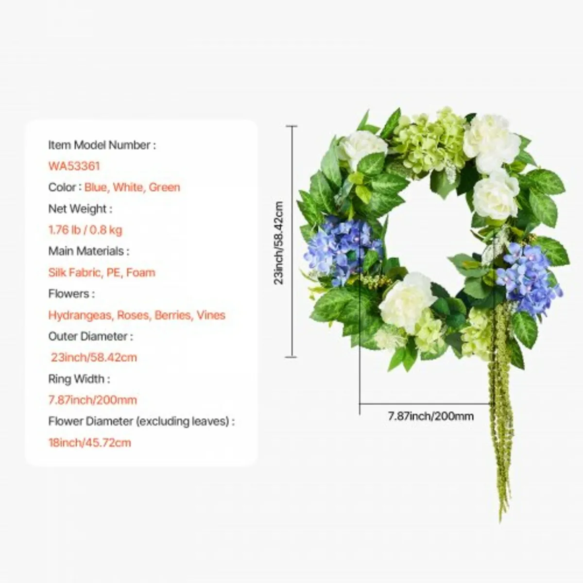 Artificial Decorative Wreath 23 in Blue White Gree - Image 2