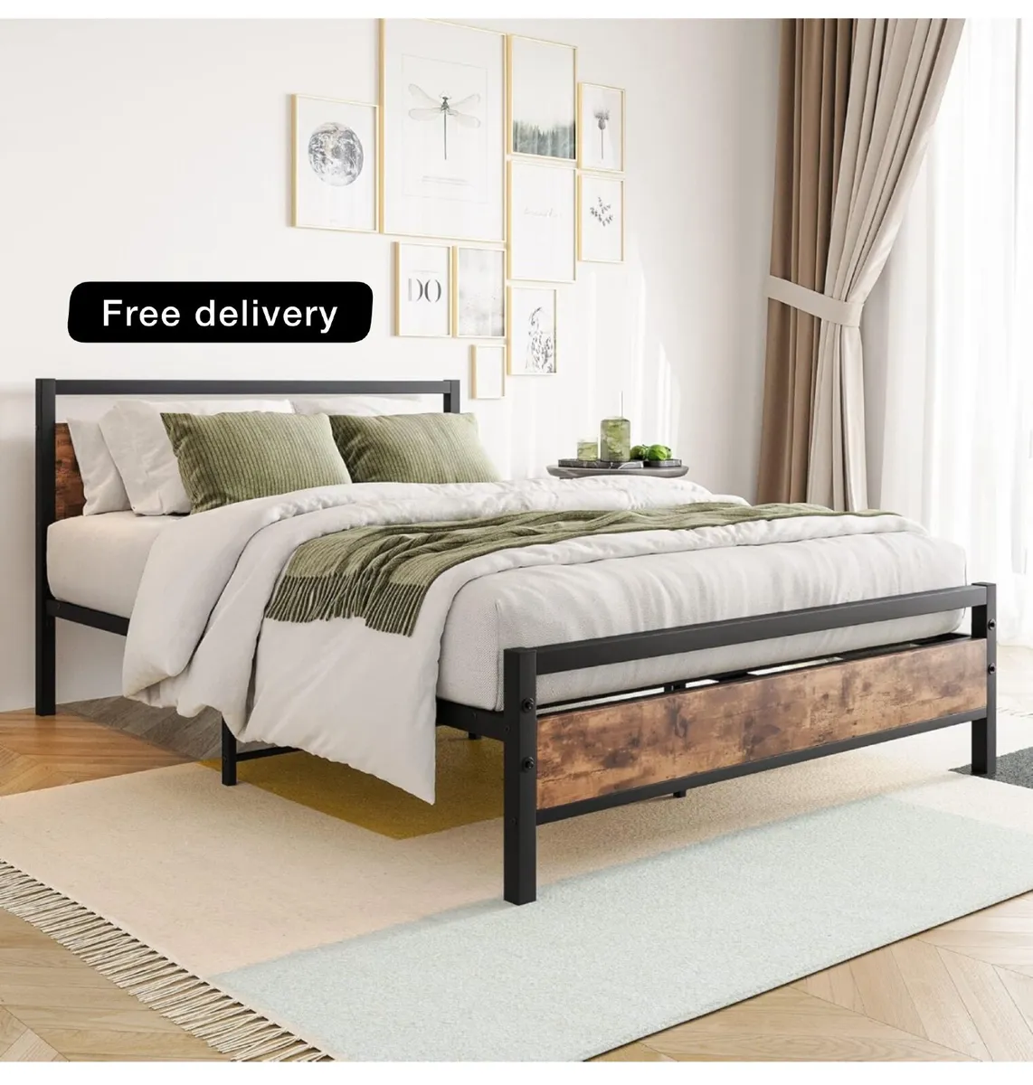 Double Bed Frames with Wood Headboard,Heavy Duty - Image 1