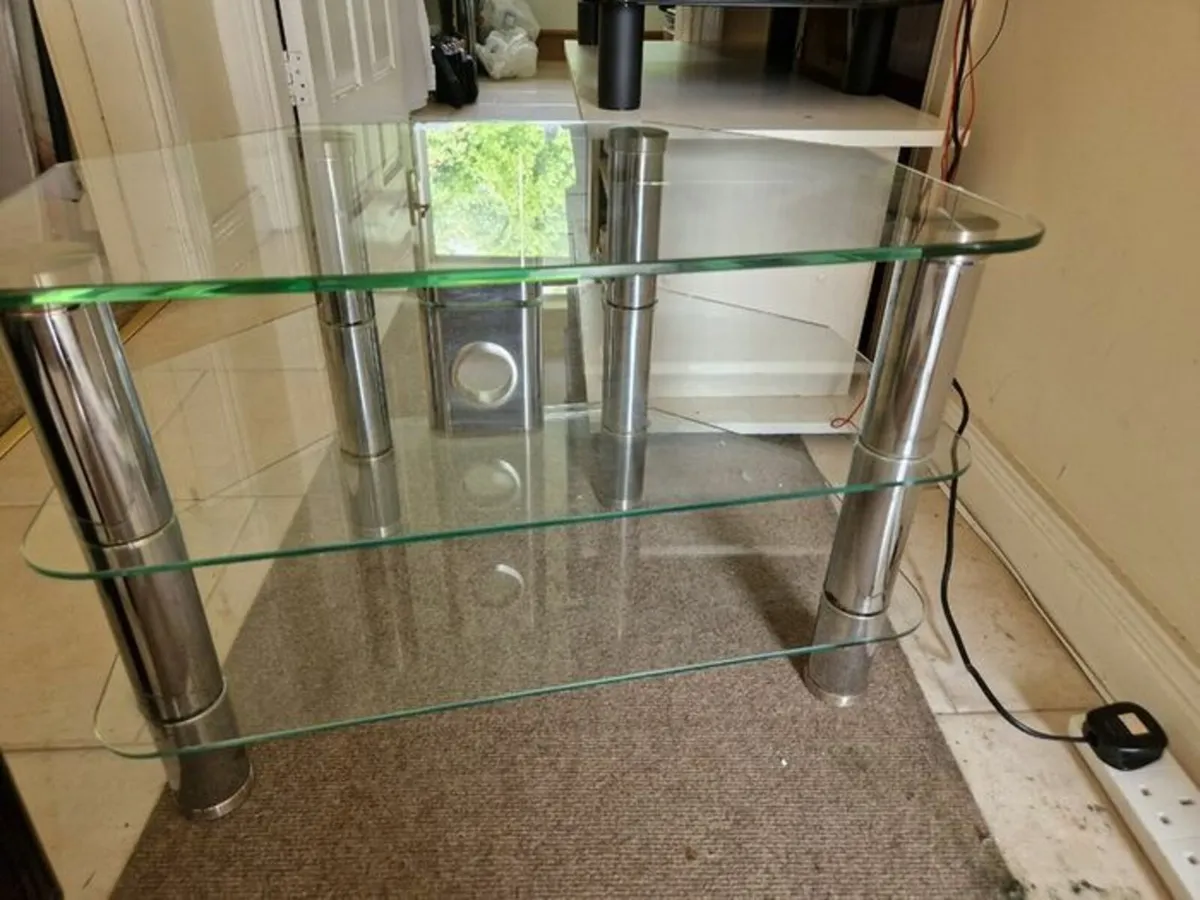 Glass TV Unit Table Stand with Storage Shelves - Image 1