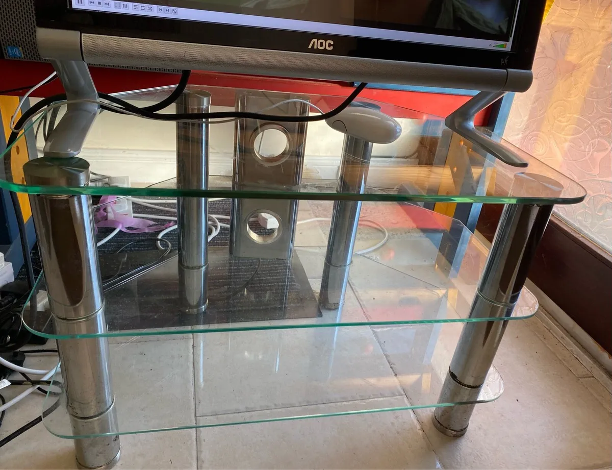 Glass TV Unit Table Stand with Storage Shelves - Image 2