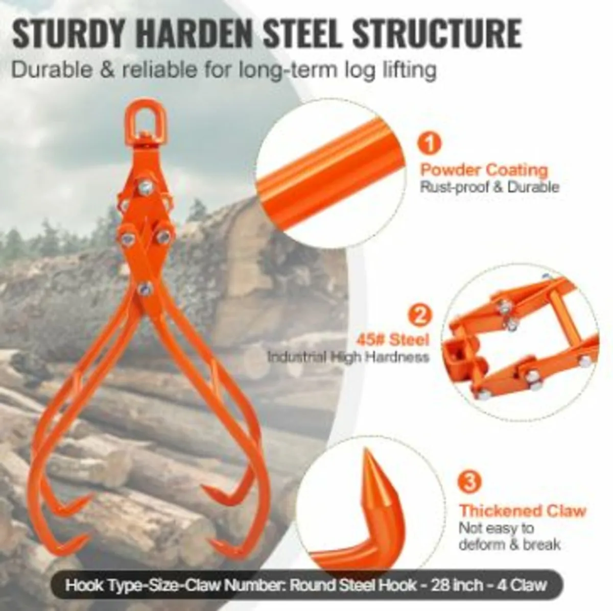 Timber Claw Hook, 28 inch 4 Claw Log Grapple - Image 4
