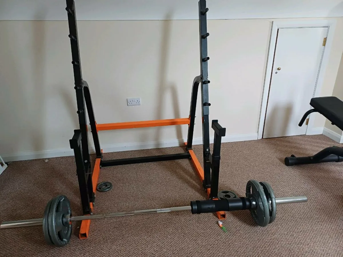 Squat rack, barbel, plates, bench w leg extension - Image 2