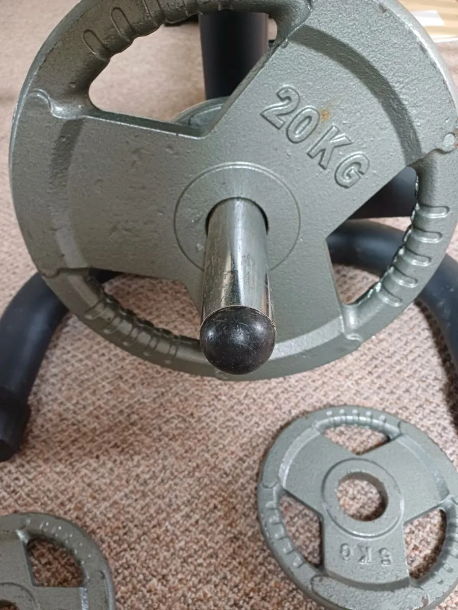Squat rack, barbel, plates, bench w leg extension - Image 4