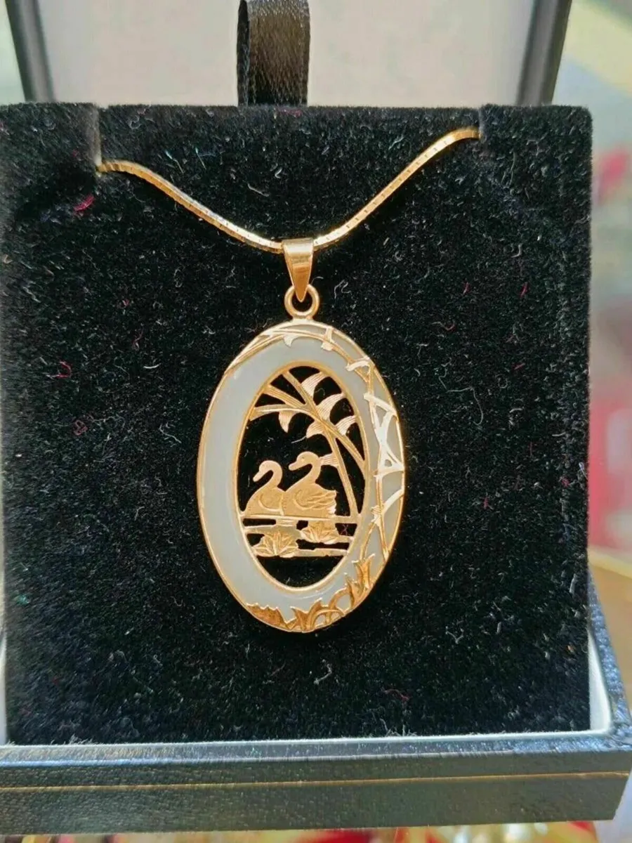 14k Gold & Untreated Jade Necklace Swans